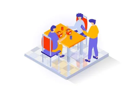 Home interior concept in 3d isometric design. People in dining room with tile 库存插图