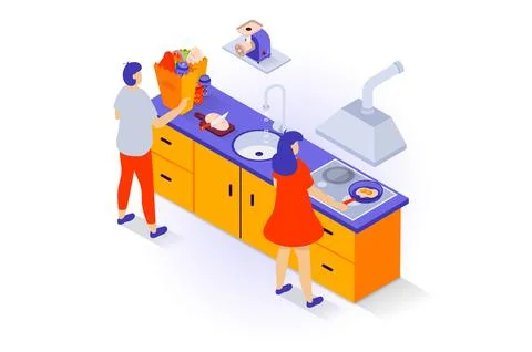 Home interior concept in 3d isometric design. People stand in kitchen room wi Stock Illustration
