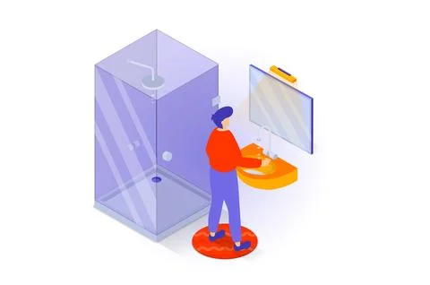 Home interior concept in 3d isometric design. People in small bathroom with s 库存插图