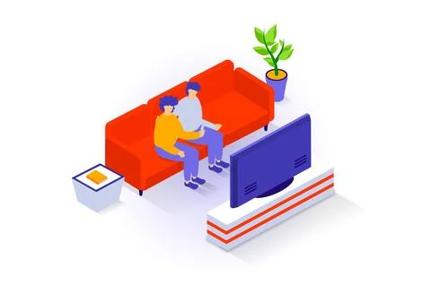 Home interior concept in 3d isometric design. People rest in living room, sit Stock Illustration