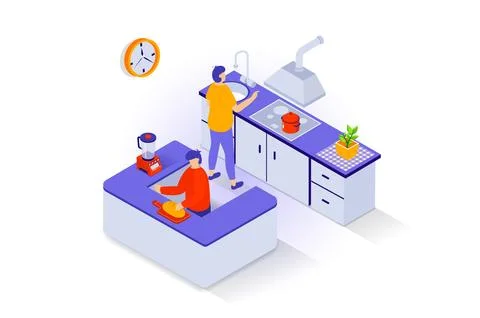 Home interior concept in 3d isometric design. People cook in kitchen room wit Stock Illustration