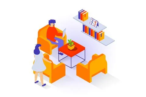 Home interior concept in 3d isometric design. People sitting in armchairs at  Stock Illustration