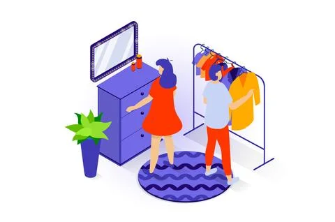 Home interior concept in 3d isometric design. People stand in wardrobe room w Stock Illustration
