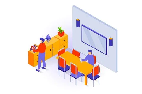 Home interior concept in 3d isometric design. People in workplace with open s Stock Illustration