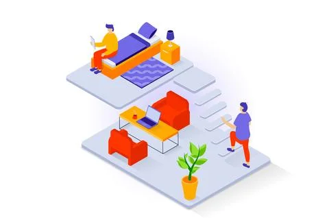 Home interior concept in 3d isometric design. People in duplex apartment with Illustrazione stock