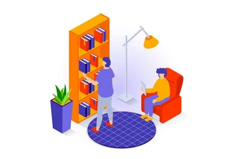 Home interior concept in 3d isometric design. People pastime in living room w Illustrazione stock