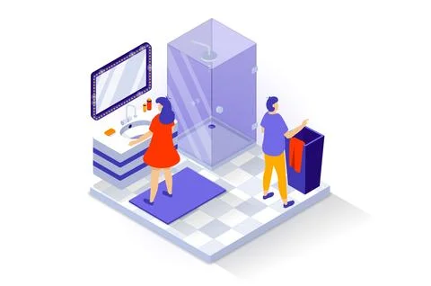 Home interior concept in 3d isometric design. People stand in bathroom with s Stockillustratie