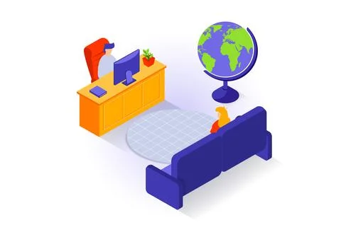 Home interior concept in 3d isometric design. People in boss office or recept Stock Illustration