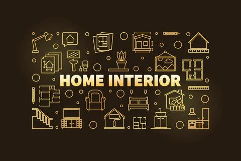 Home Interior concept golden vector line horizontal banner Stock Illustration