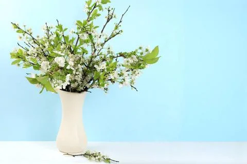 Home interior with decor elements, beautiful spring tree branches in a vas... Stock Photos