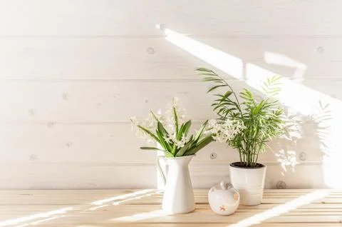 Home interior with Easter decor. Spring flowers in a vase, indoor plant on the Stock Photos