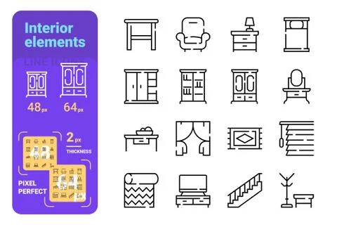 Home interior elements line icons set Stock Illustration