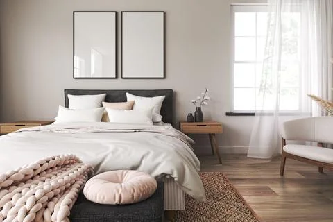 Home interior frame mockup with black bed, bench and lamp in bedroom. White 스톡 일러스트