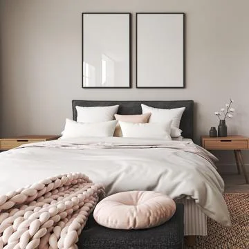 Home interior frame mockup with black bed, bench and lamp in bedroom. White Stock Illustration