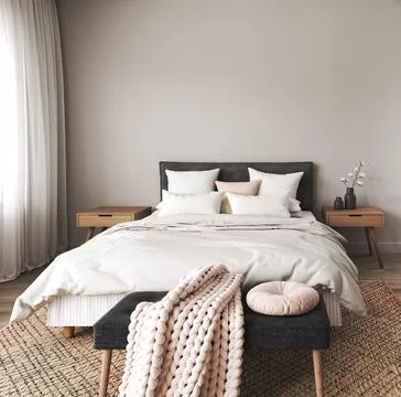 Home interior frame mockup with black bed, bench and lamp in bedroom. White Stock Illustration