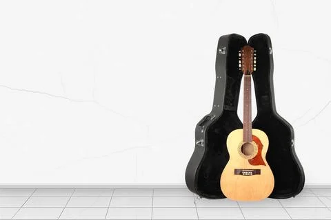 Home interior -  Front view twelve-string acoustic guitar hard case of whit.. Foto stock