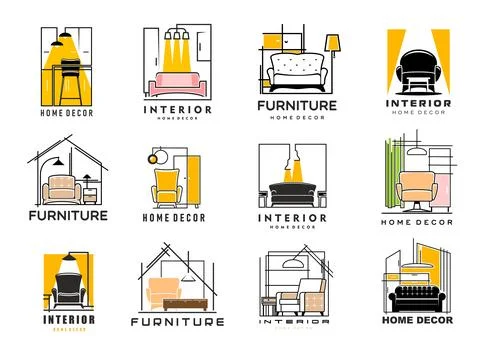 Home interior icons, vector line furniture, lamps Stock Illustration
