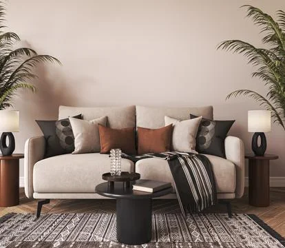Home interior with light beige sofa, table and decor in boho scandi living room Illustrazione stock
