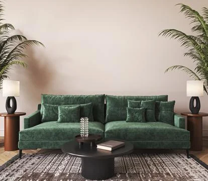 Home interior with light beige sofa, table and decor in boho scandi living room Illustrazione stock