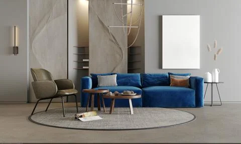 Home interior mock-up with blue sofa, wooden table and decor in grey living Stock Illustration