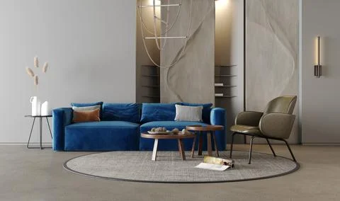 Home interior mock-up with blue sofa, wooden table and decor in grey living Stock Illustration