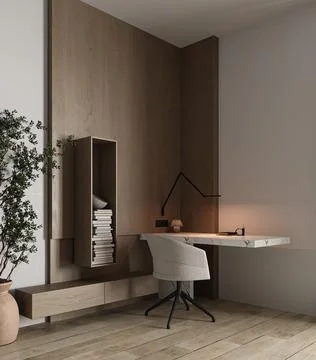 Home interior office with marble table, wood panel wall, chair and decor in Stock Illustration