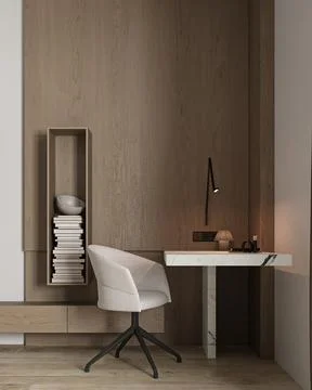 Home interior office with marble table, wood panel wall, chair and decor in Stock Illustration