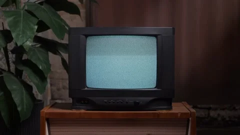 Home interior old television set. Bad television signal noise. 90s retro tv Stock Footage