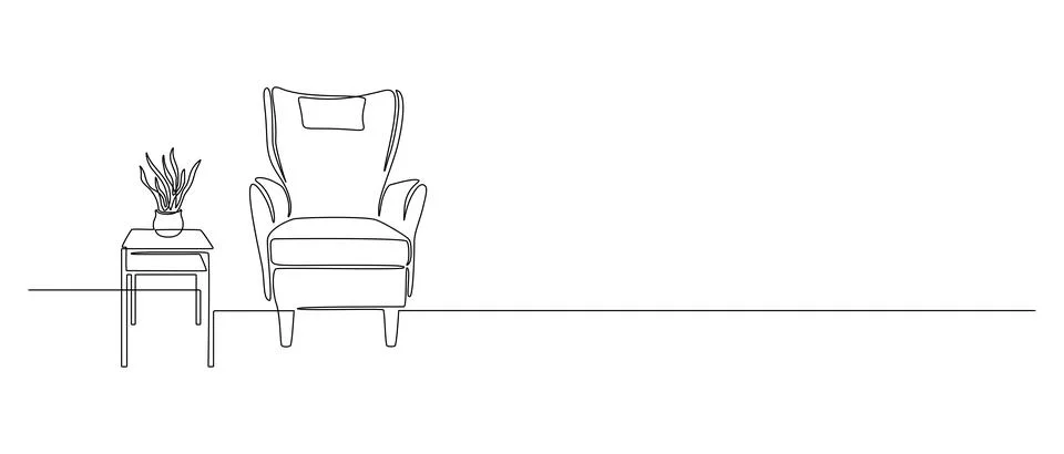 Home interior in one continuous line drawing. Modern furniture armchair and Stock Illustration