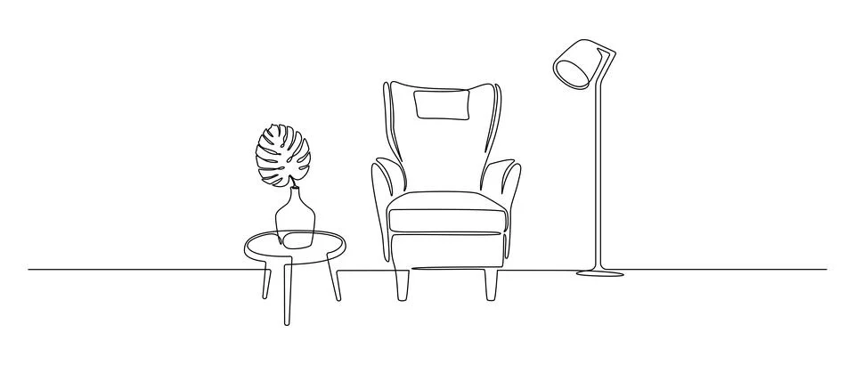 Home interior in one continuous line drawing. Modern furniture armchair and Stock Illustration