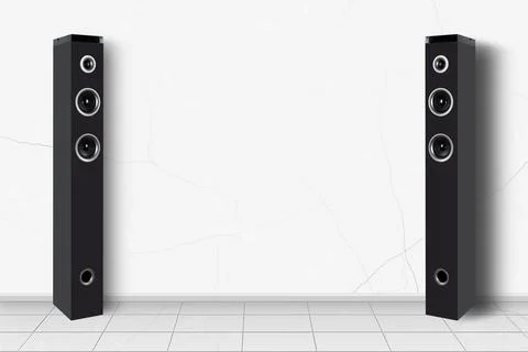 Home interior - Pair tower loudspeaker enclosure white wall Stock Photos