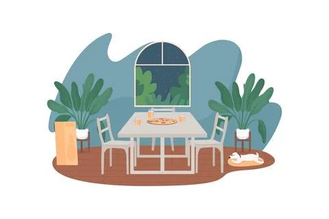 Home interior with pizza on table 2D vector web banner, poster Stock Illustration