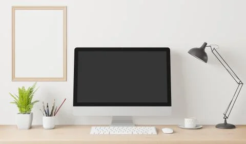 Home interior poster mock up frame and computer on the table on working space Stock Illustration