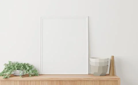 Home interior poster mock up with frame on the cabinet and white wall backgro Stock Illustration