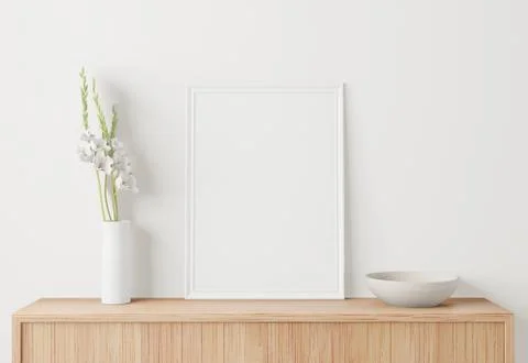Home interior poster mock up with frame on the table and white wall backgroun Stock Illustration