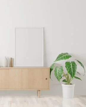 Home interior poster mock up with frame and white wall background. 3D renderi Stock Illustration