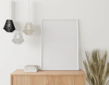 Home interior poster mock up with frame on the cabinet and white wall backgro Stock Illustration