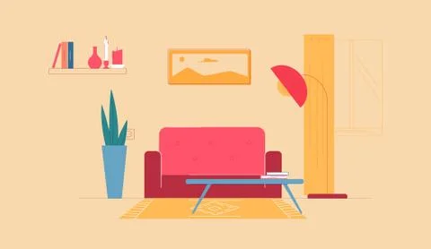 Home interior for rest and work. Comfortable red sofa with soft upholstery Stock Illustration