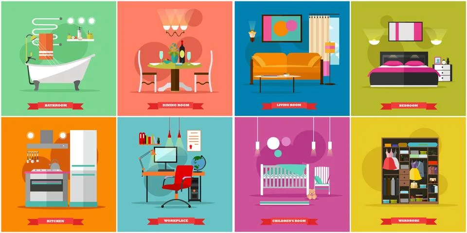Home interior vector illustration in flat style. House design with furniture Illustrazione stock