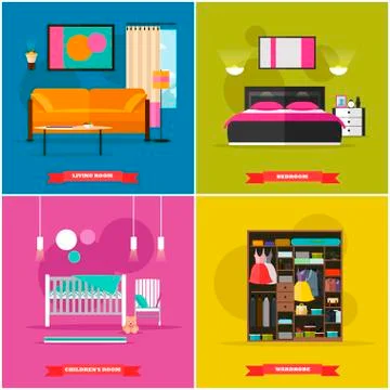 Home interior vector illustration in flat style. House design with furniture Stock Illustration