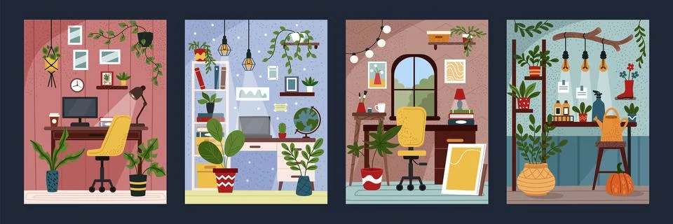 Home interior. Work room with computer desk and chair. Comfortable office Stock Illustration