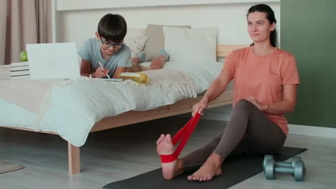 Home Isolation, Distance Learning, Remote Work, Fitness at Home, Online Training Stock Footage 144108984