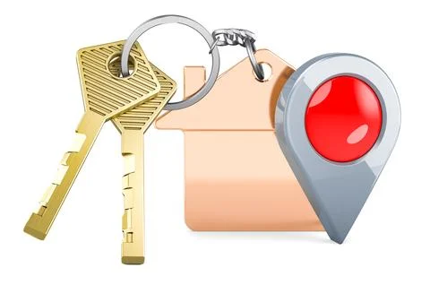Home key with keychain with map pointer. 3D rendering Illustrazione stock