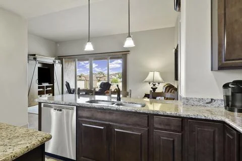 A home kitchen interior with counters Stock Photos