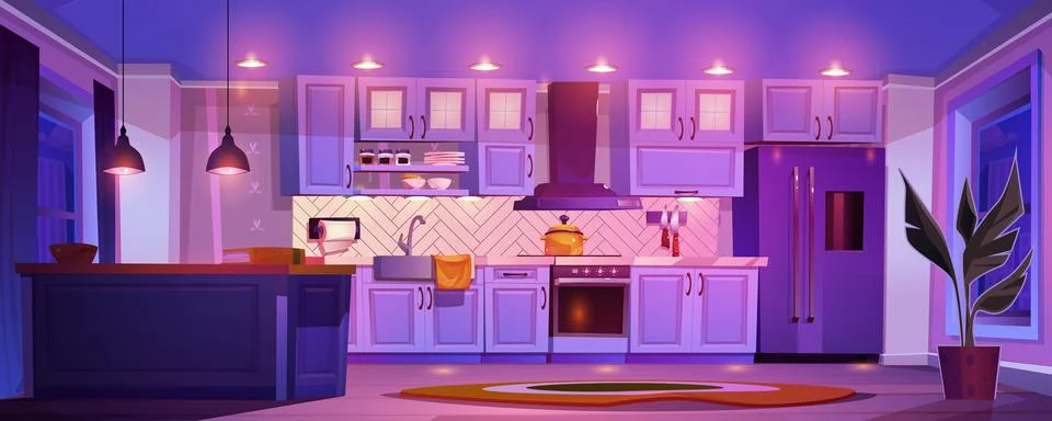 Home kitchen interior at night Stock Illustration