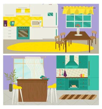 Home kitchen interior, vector illustration. Flat room with modern furniture Illustrazione stock