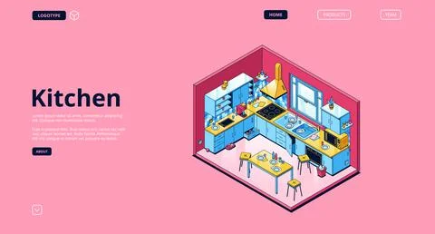 Home kitchen isometric landing, empty interior Stock Illustration