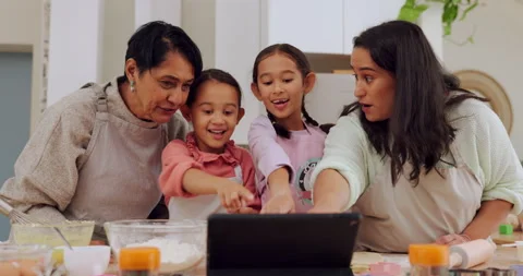 Home kitchen, tablet and happy family baking, streaming tutorial or watch online 스톡 동영상 246344465