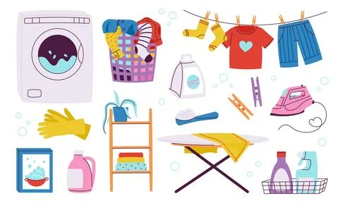Home laundry elements, iron and wash machine. Clothes on rope, ironing desk and Stock Illustration