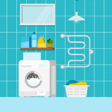 Home laundry with washing machine interior scene. Stock Illustration